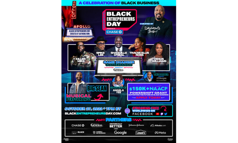 Black Entrepreneurs Day presented by Chase: A Celebration of Black Business Curated by Daymond John Streaming Live From the Apollo Theater, Thursday, Oct. 27 Black Entrepreneurs Day presented by Chase: A Celebration of Black Business Curated by Daymond John Streaming Live From the Apollo Theater, Thursday, Oct. 27