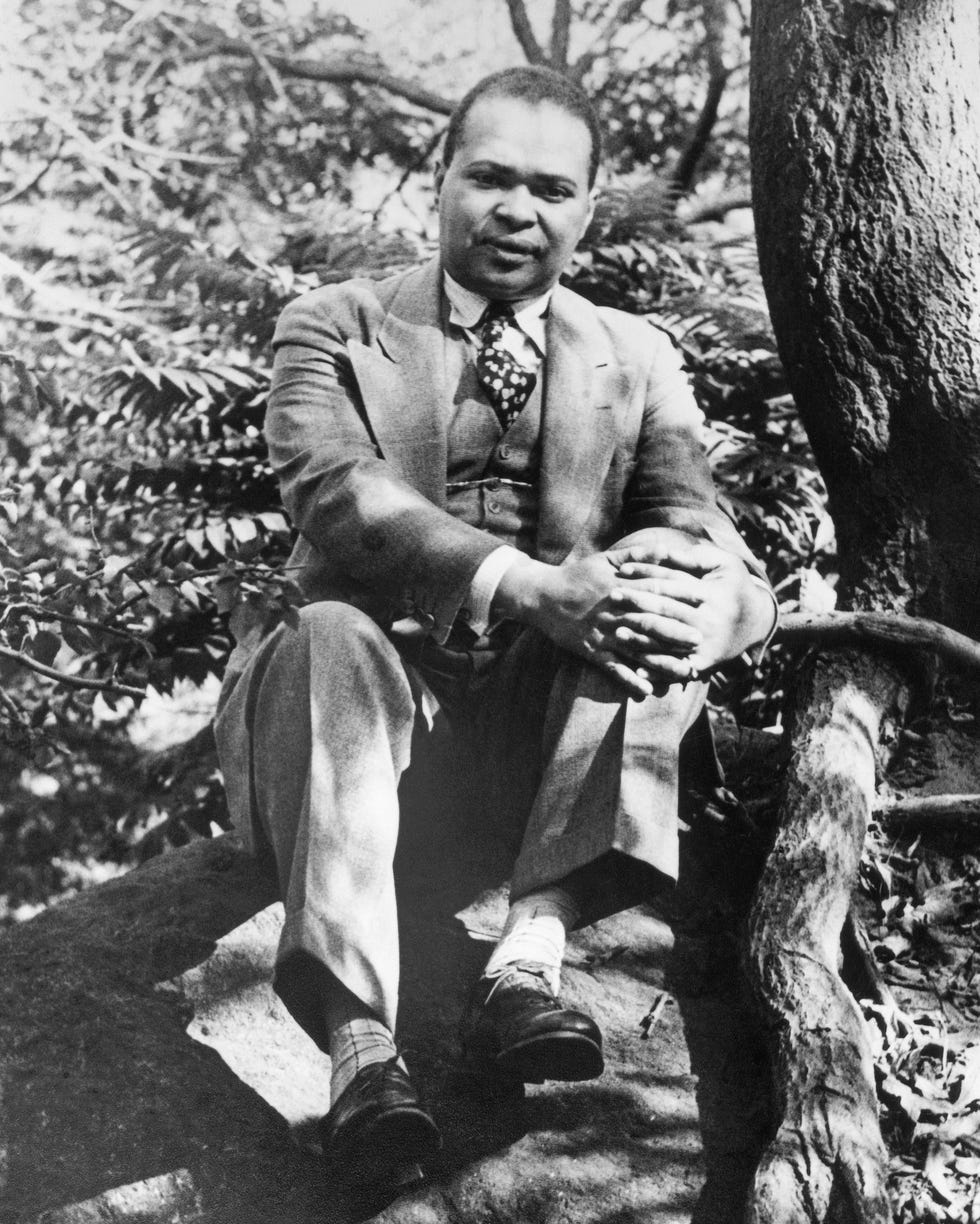 poet countee cullen sitting on a large rock next to a tree trunk and crossing his hands over a knee
