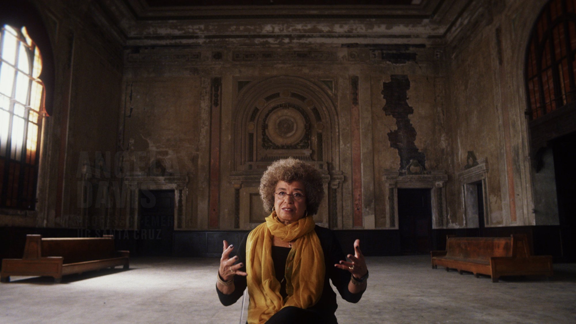 Angela Davis speaks to the camera in 